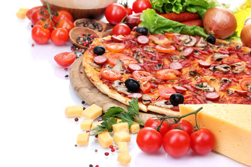 delicious pizza, vegetables and salami isolated on white.