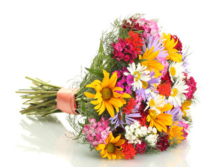 beautiful bouquet of bright  wildflowers, isolated on white