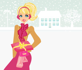 fashion shopping girl with shopping bags and gift box