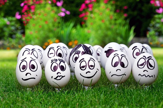 White eggs and  many funny faces