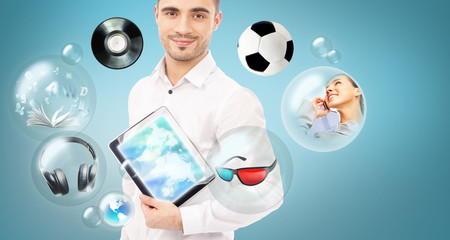 Adult handsome man holding tablet computer. Icons of different o