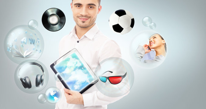 Adult handsome man holding tablet computer. Icons of different o