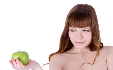 picture of happy woman with green apple