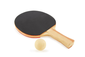 Table tennis racket and ball on a white background