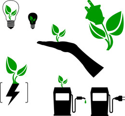 Symbols of green energy, fuel and technology silhouette
