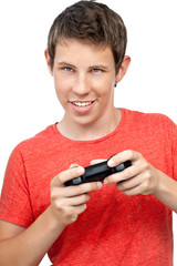 young boy playing with a joystick