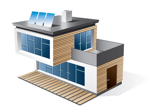 Isolated 3d vector icon of modern family house with wood facade.