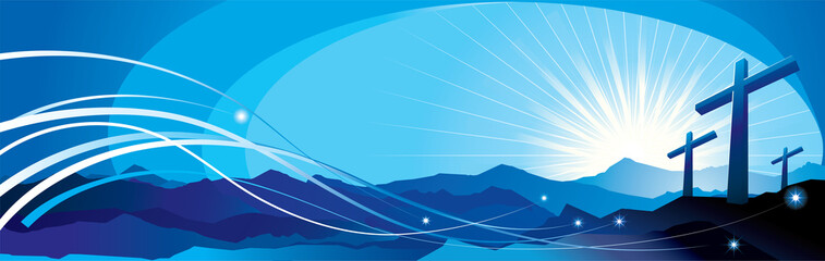 banner with an image of three crosses and the divine rays