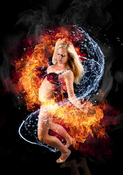 Beautiful blond woman bounded with fire and water