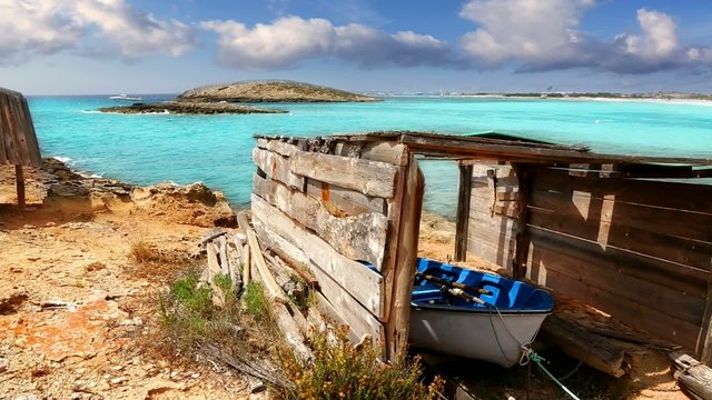Illetes beach aged boat wooden grunge house typical balearic