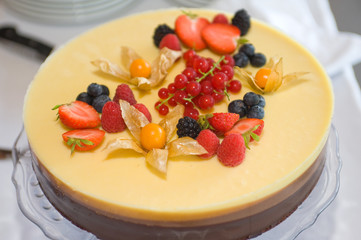 chocolate cake decorated with fruit