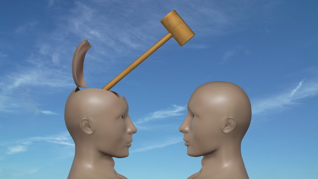 Two men  hitting each other on the head with a hammer.