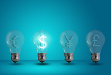Dollar symbol glow among other light bulb on a blue background