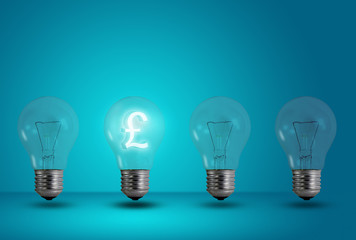 Pound symbol glow among other light bulb on a blue background