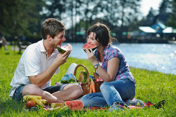 happy young couple having a picnic outdoor