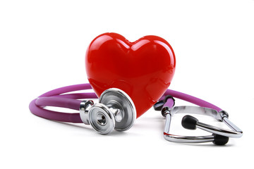 Stethoscope and heart, isolated on white background