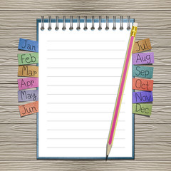 Open note book with bookmark and pencil