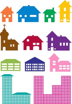 various house constructions in different colors isolated