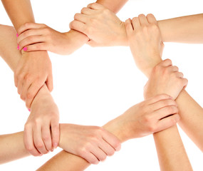 group of young people's hands isolated on white