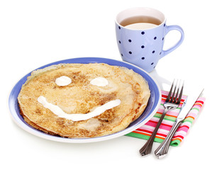 Stack of tasty pancakes isolated on white