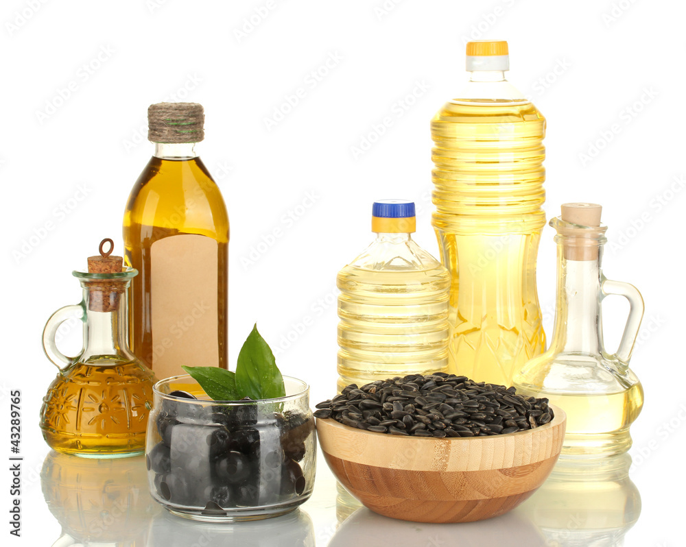 Wall mural olive and sunflower oil in the bottles and small decanters - Wall murals