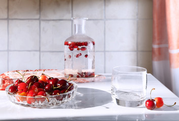 A dish with cherries and drinks