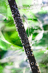 Straw in the drink with the bubbles sticking all around.