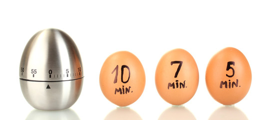 egg timer and eggs isolated on white