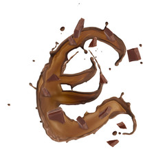 Chocolate splash euro symbol isolated on white background