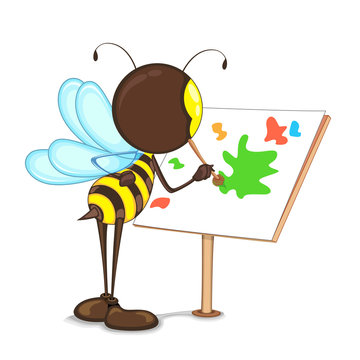 Editable vector bee painting with color on easel