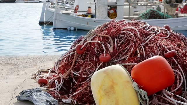 Balearic islands formentera port with trammel fisher nets buoys