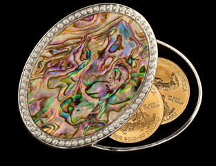 Iridescent mother of pearl box gold coins