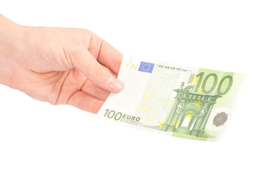 Money (Euro) in a hand isolated on white