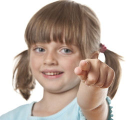 little girl pointing on you isolated on white background