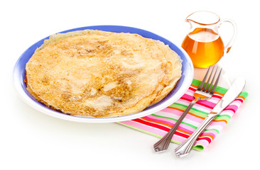 Stack of tasty pancakes isolated on white