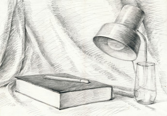 still life with the book, pencil technique