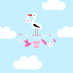 Stork On Clothes Line Baby Symbols Girl Clouds