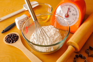 Baking ingredients with utensils