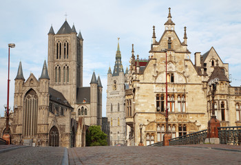 Fototapeta na wymiar Gent - look from st. Michael bridge to Nicholas church