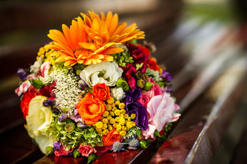 Bride's bouquet on a bench
