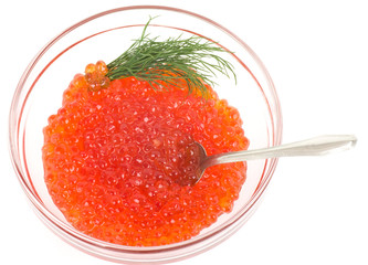 Tasty red caviar on white background