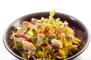 rice salad with chicken celery onions and chili pepper