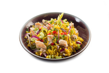 rice salad with chicken celery onions and chili pepper