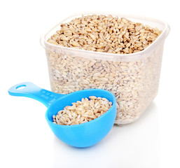 Measuring spoon and plastic container with grain isolated