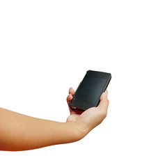 hand women touch smart phone in hand on white background