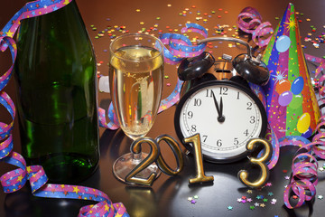 2013 happy new year party with clock and champagne