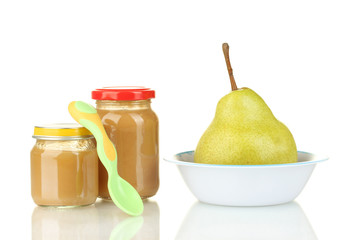 Jars with fruit baby food and pear isolated on white