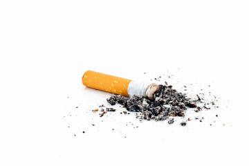 Single cigarette butt with ash isolated on white background