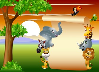 Wild African animal cartoon with blank sign