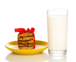 Glass of milk and cookies isolated on white